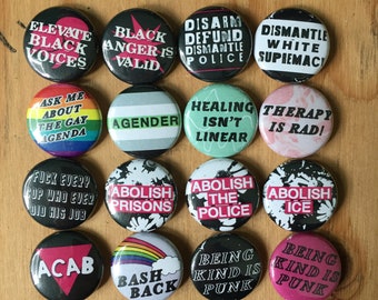 SMALL 1" inch pin-back buttons | activism, punk, queer, lgbtqia+, police abolition, anti-racist