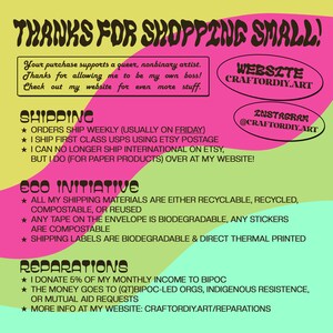 May include: A pink and green graphic with the text "Thanks for shopping small!" and information about shipping, eco initiatives, and reparations. The text also includes the website "craftordiy.art" and the Instagram handle "@craftordiy.art".