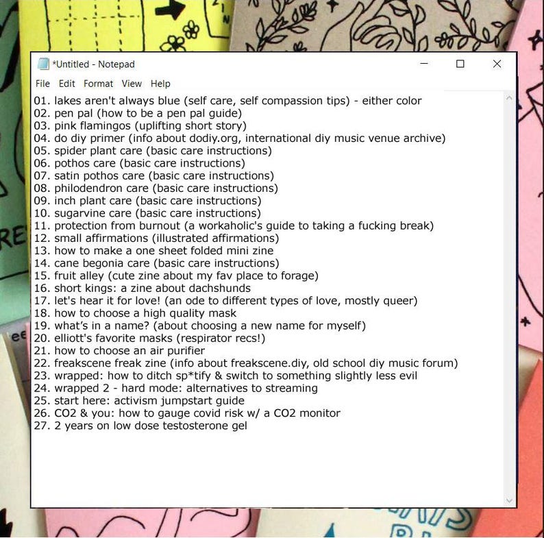 May include: A digital Notepad window displaying a numbered list of twenty-seven zine titles and topics, including plant care guides, personal essays, and activism resources, set against a background of colorful paper with black line art illustrations.