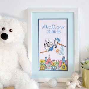 Personalized Baby Boy Cross Stitch Pattern Stork Announcement PDF Embroidery Nursery Decor