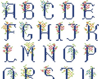 Geteld ABC-kruissteekpatroon bloemen alfabetletters borduurontwerp - direct downloaden in pdf