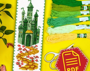 Marcador de página Cidade Esmeralda em ponto cruz em PDF, Maior cidade na Terra Mágica, desenho de bordado para marcador de página de bordado de Fada