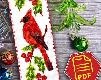 Northern cardinal bird cross stitch bookmark pattern - Christmas embroidery design in PDF for Unique handmade winter holidays gift