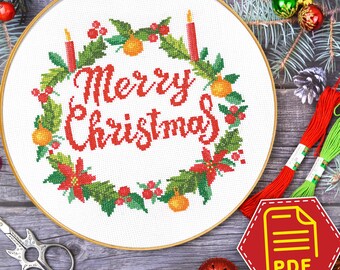 Merry Christmas cross stitch pattern, Winter holidays embroidery design, Easy counted pattern - Do it yourself winter ornament