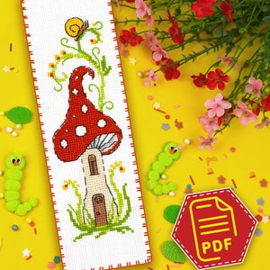 Marcador de cogumelo vermelho ponto cruz PDF, design de bordado de fada para marcador de bordado feito à mão, presente faça você mesmo