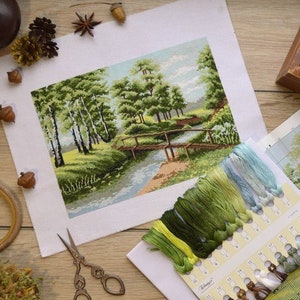 Nature cross stitch kit, Forest landscape embroidery kit with counted pattern 'River in summer' DIY housewarming gift image 4