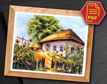 Village house cross stitch counted pattern, Colorful summer landscape with sunflowers "Sunny day" - Instant Download in PDF