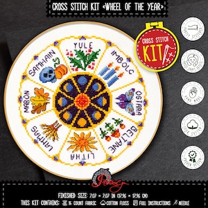 May include: Cross stitch kit featuring a colourful wheel of the year design with names of the eight sabbats: Yule, Imbolc, Ostara, Beltane, Litha, Lammas, Mabon, and Samhain. The kit includes 14 count fabric, cotton floss, full instructions, and a needle. Finished size is 17.96 cm by 17.96 cm.