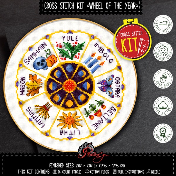 Pagan cross stitch kit "Wheel of the Year" embroidery kit with counted pattern, Do It Yourself Celtic holidays gift, Witches calendar