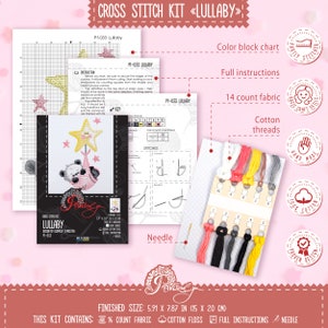 K&ouml;nnte beinhalten: Kreuzstich-Set mit dem Titel "Lullaby", das ein Pandab&auml;r zeigt, der einen Stern h&auml;lt. Das Set enth&auml;lt 14er Aida-Stoff, Baumwollgarn, eine Nadel, eine Farbtabelle und eine vollst&auml;ndige Anleitung. Die fertige Gr&ouml;&szlig;e betr&auml;gt 15 x 20 cm (5,91 x 7,87 Zoll).