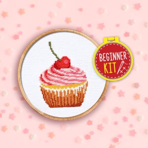 Beginner Cross Stitch Kit Cherry Cupcake - Easy muffin counted pattern included - DIY easy sweets embroidery kit for kids and adults