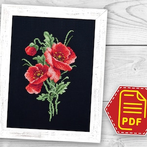 Wild flowers bouquet poppies cross stitch pattern Red poppy flower embroidery design for adults and kids - Instant Download in PDF