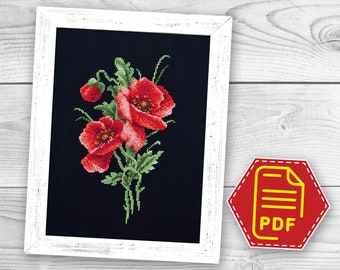 Wild flowers bouquet poppies cross stitch pattern Red poppy flower embroidery design for adults and kids - Instant Download in PDF