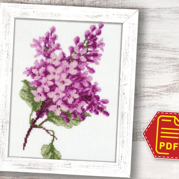 Modern counted cross stitch pattern Lilac, Spring flowers embroidery design for adults and kids - DIY lilac nursery decor - Download in PDF