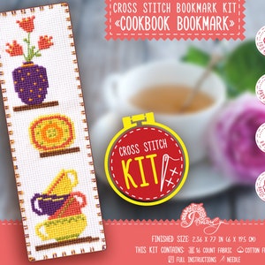 Small cross stitch kit &#39;Tea cups&#39;, Bookmark embroidery kit with Easy counted pattern, DIY handmade bookmark, Gift for books and tea lover