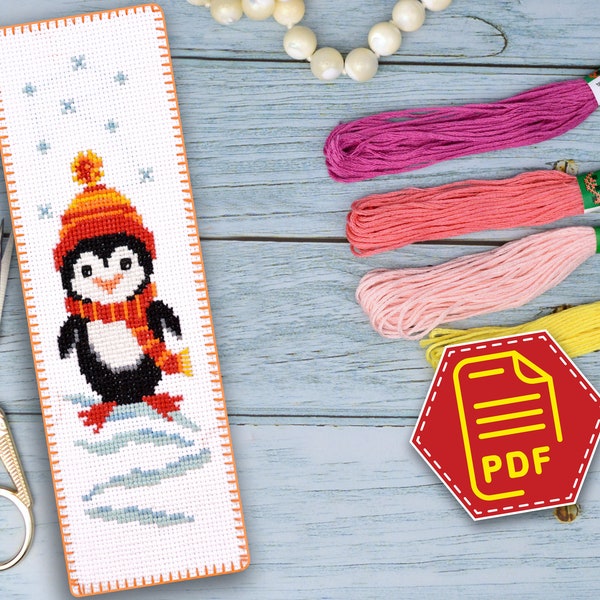 Modern cross stitch bookmark pattern Penguin, Cute winter embroidery design for beginners - Download  in PDF