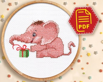 Beginners embroidery cute pink elephant cross stitch counted pattern, Easy animal chart for kids and adults - Instant download in PDF
