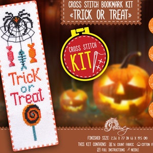 Halloween cross stitch kit &#39;Trick or Treat&#39; Bookmark embroidery kit, Halloween Spider, Halloween Candies, Do It Yourself Halloween Gift