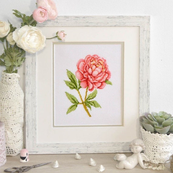 Modern Cross Stitch Kit 'pink Peony' Summer Flowers Beginner Embroidery Kit  for Adults and Kids Handmade Home Decor Mother's Day Gift 