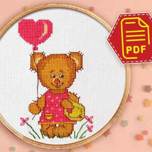 Teddy bear girl cross stitch counted pattern for beginners embroidery - DIY Valentine&#39;s Day gift - Instant Download in PDF