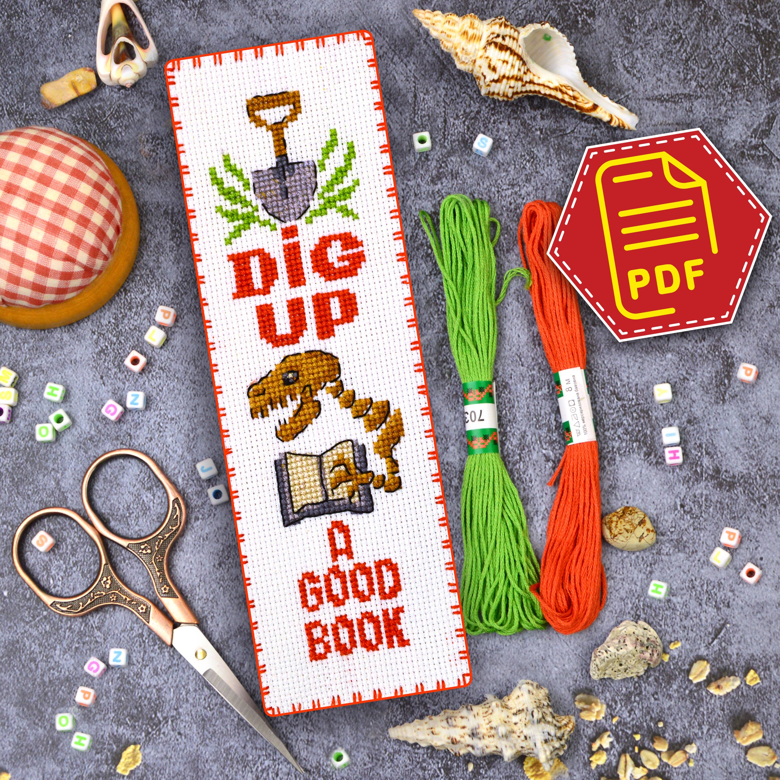 Dino bookmark cross stitch pattern 'Dig Up A Good Book' Dinosaur embroidery design for handmade Jurassic Period bookmarks - Download in PDF