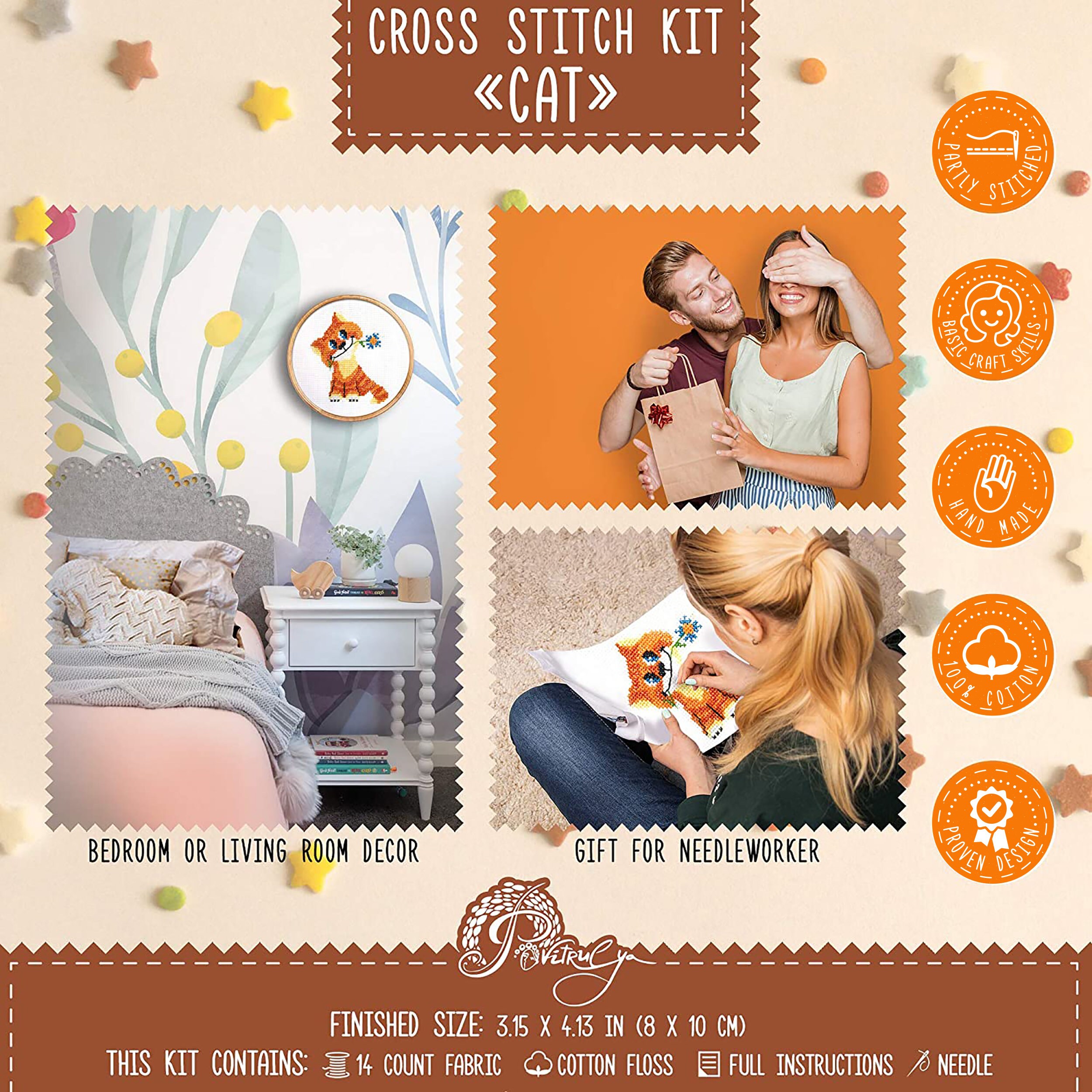 Modern Cross Stitch Kit Orange Cat Beginners Embroidery With Counted Pattern  for Kids and Adults DIY Handmade Wall Decor for Nursery 