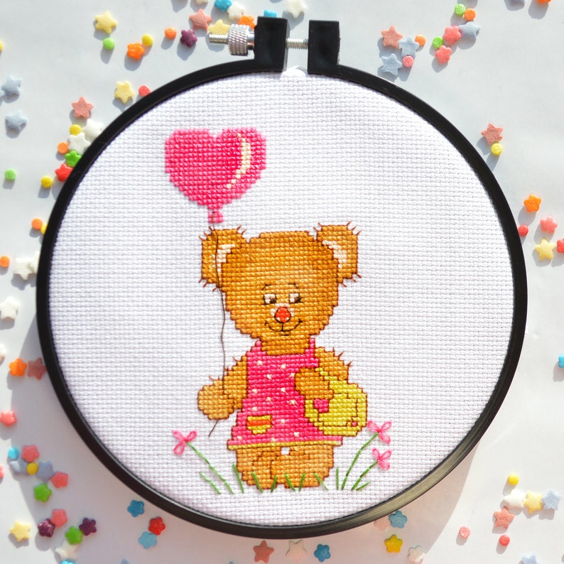 I love you Cross stitch kit Teddy Bear girl DIY Valentines gift
