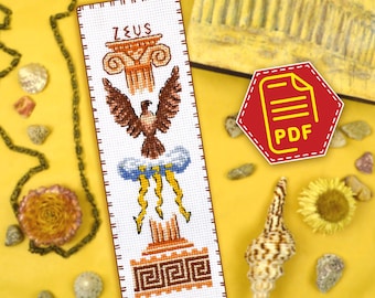 Bladwijzer x steekpatroon "Zeus" God van de lucht en het weer borduurontwerp voor liefhebber van Griekse religie en mythologie, downloaden in pdf-bestand