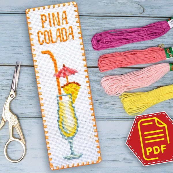 Cross Stitch Pattern Cocktail "Pina Colada" Fully Booked Bookmark - Download Embroidery Design in PDF
