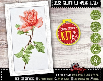 Eiialerm Kit Punto Croce Rosa Rossa 40x50cm 11CT, Tela Prestampata Con Fili, Forbici, Ditale, Per Adulti Principianti - 3