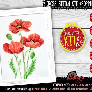 Red poppies cross stitch, Wildflowers embroidery beginner kit for adults and kids - Handmade kitchen wall decor - DIY cross stitch gift