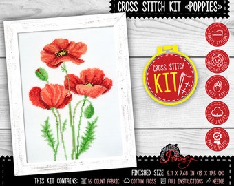 Red poppies cross stitch, Wildflowers embroidery beginner kit for adults and kids - Handmade kitchen wall decor - DIY cross stitch gift