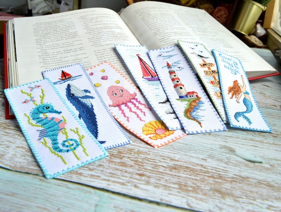 Seahorse Cross Stitch Bookmark Kit - Embroidery Set for DIY Book Marker