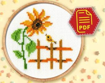 Sunflower cross stitch counted pattern, Beginners embroidery design for wall decor - Instant Download in PDF