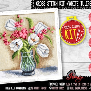 Bouquet cross stitch kit White Tulips, Flowers embroidery kit for intermediate or advanced, Handmade kitchen wall decor, Cross stitch gift