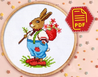 Cartoon rabbit cross stitch counted pattern, Spring bunny embroidery design for holiday decor - Instant Download chart in PDF