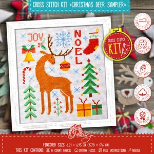 Christmas reindeer cross stitch kit 'Christmas Deer Sampler' with simple counted pattern - Do It Yourself Christmas ornaments