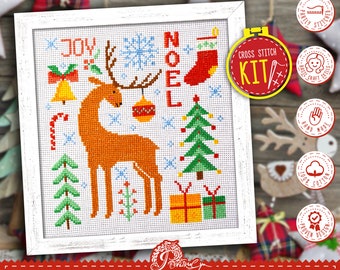 Christmas reindeer cross stitch kit 'Christmas Deer Sampler' with simple counted pattern - Do It Yourself Christmas ornaments