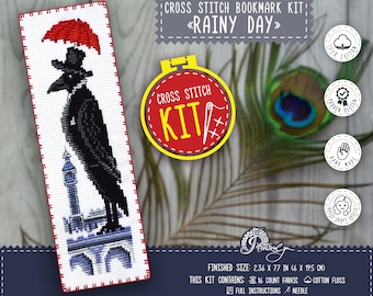 Kit de point de croix Corbeau noir « Jour de pluie » à faire soi-même Kit de signets à broder corbeau avec motif compté facile inclus