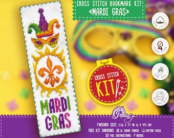 May include: Cross stitch bookmark kit featuring a Mardi Gras theme. The design includes a jester's hat, a mask, a fleur-de-lis, and the words "Mardi Gras". The kit includes 16 count fabric, cotton floss, full instructions, and a needle. Finished size is 2.36 x 7.7 inches.