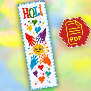 May include: Cross stitch pattern for a bookmark featuring a colorful design with the word "HOLI" and a sun with hands around it. The pattern is in PDF format.