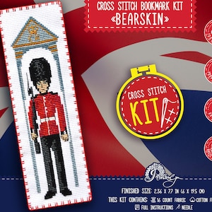 May include: Cross stitch bookmark kit featuring a red and black illustration of a British guard in front of a building. The kit includes 16 count fabric, cotton floss, a needle, and full instructions. The finished size is 2.36 x 7.7 inches.