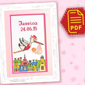 Personalized Cross Stitch Pattern Baby Girl PDF Embroidery Birth Announcement