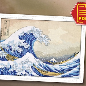 Sea wave cross stitch counted pattern 'The Great Wave off Kanagawa' Japan landscape embroidery design - Instant Download in PDF