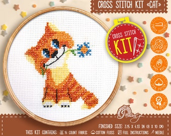 Modern cross stitch kit Orange cat - Beginners embroidery with counted pattern for kids and adults - DIY handmade wall decor for nursery