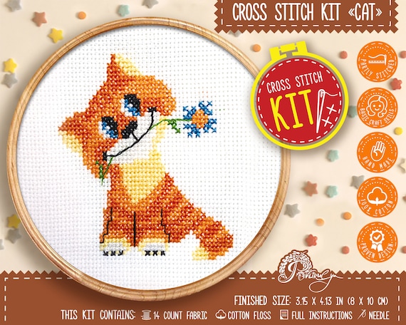 Modern Cross Stitch Kit Orange Cat Beginners Embroidery With Counted Pattern  for Kids and Adults DIY Handmade Wall Decor for Nursery 