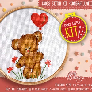 Modern cross stitch kit Teddy Bear, Beginners embroidery with counted pattern &quot;Congratulations!&quot; Handmade decor - DIY Valentine&#39;s Day gift