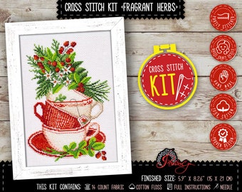 Kitchen cross stitch kit, Berry and tea cups counted pattern "Fragrant Herbs" - DIY embroidery set for wall art