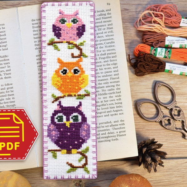 Cute owls cross stitch bookmark pattern, Birds embroidery design Download in PDF