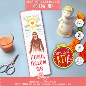 Jesus cross stitch kit, Bookmark embroidery kit "Come, follow me" with easy counted pattern for your Bible - Do It Yourself Church gift